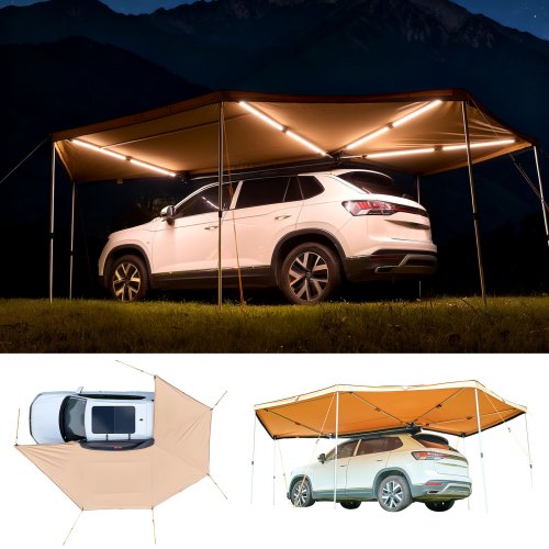 270 Degree Awning with Bulit-in LED Lights, 117 sq.ft Driver Side Vehicle Awning, Waterproof UV50+ Car Side Awnings, All-Weather Free-Standing Overland Awnings Car Shelter for SUV Truck Camping