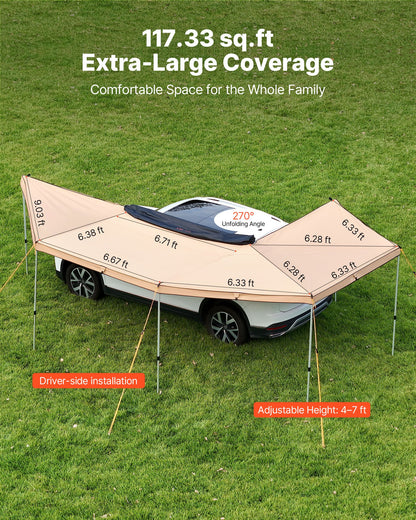 270 Degree Awning with Bulit-in LED Lights, 117 sq.ft Driver Side Vehicle Awning, Waterproof UV50+ Car Side Awnings, All-Weather Free-Standing Overland Awnings Car Shelter for SUV Truck Camping