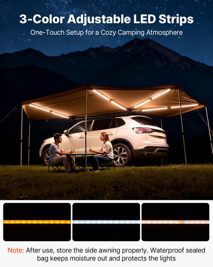 270 Degree Awning with Bulit-in LED Lights, 117 sq.ft Driver Side Vehicle Awning, Waterproof UV50+ Car Side Awnings, All-Weather Free-Standing Overland Awnings Car Shelter for SUV Truck Camping