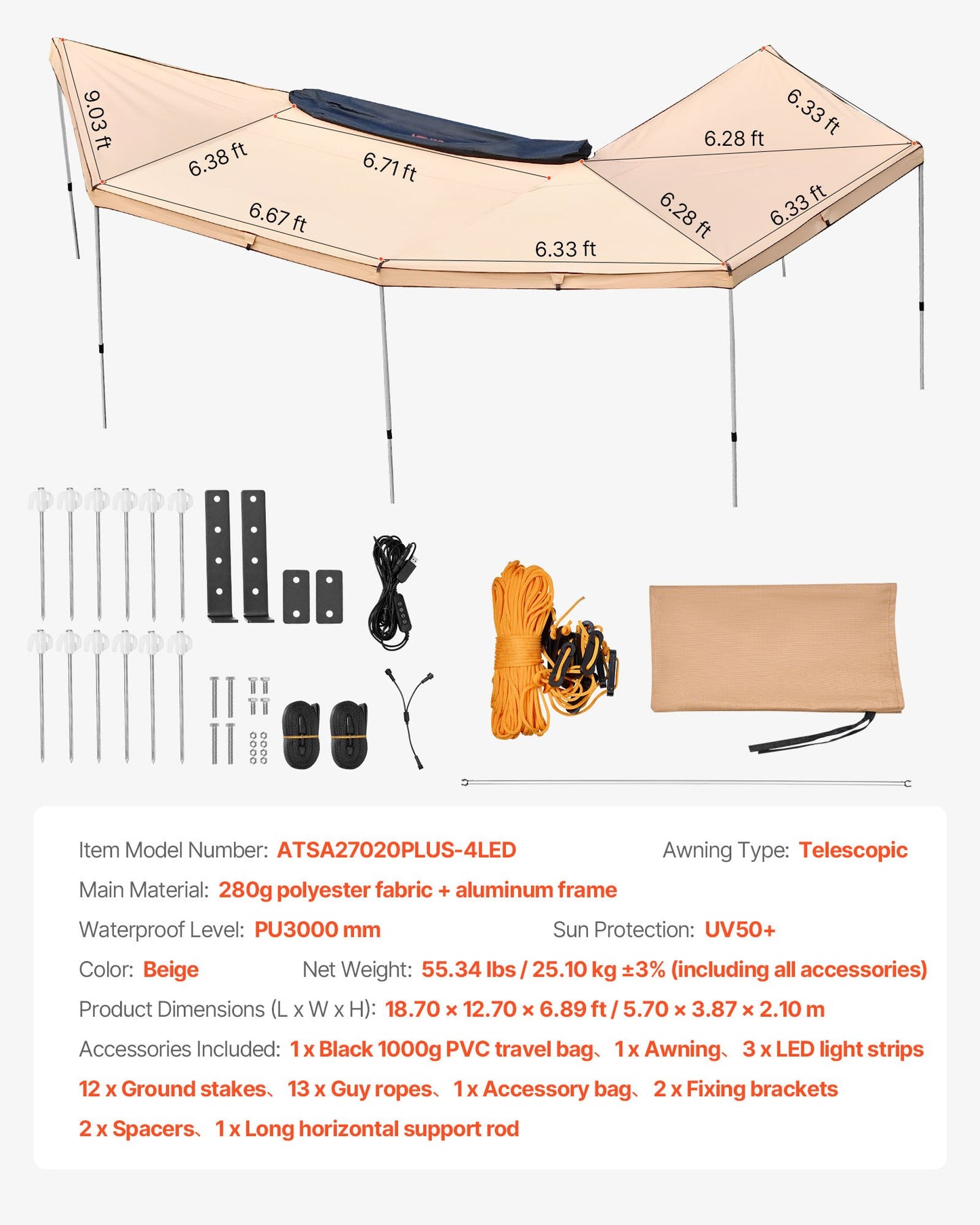 270 Degree Awning with Bulit-in LED Lights, 117 sq.ft Driver Side Vehicle Awning, Waterproof UV50+ Car Side Awnings, All-Weather Free-Standing Overland Awnings Car Shelter for SUV Truck Camping