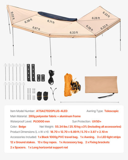 270 Degree Awning with Bulit-in LED Lights, 117 sq.ft Driver Side Vehicle Awning, Waterproof UV50+ Car Side Awnings, All-Weather Free-Standing Overland Awnings Car Shelter for SUV Truck Camping