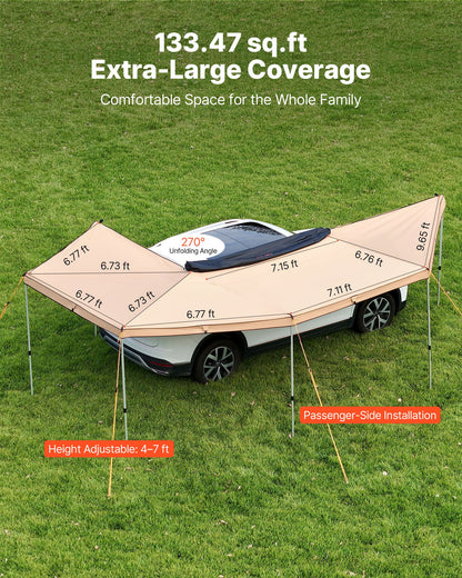 270 Degree Awning, 133 sq.ft Driver Side Vehicle Awning, Waterproof UV50+ Car Side Awnings with Carry Bag, All-Weather Free-Standing Overland Awnings Car Shelter for SUV Van Truck Camping