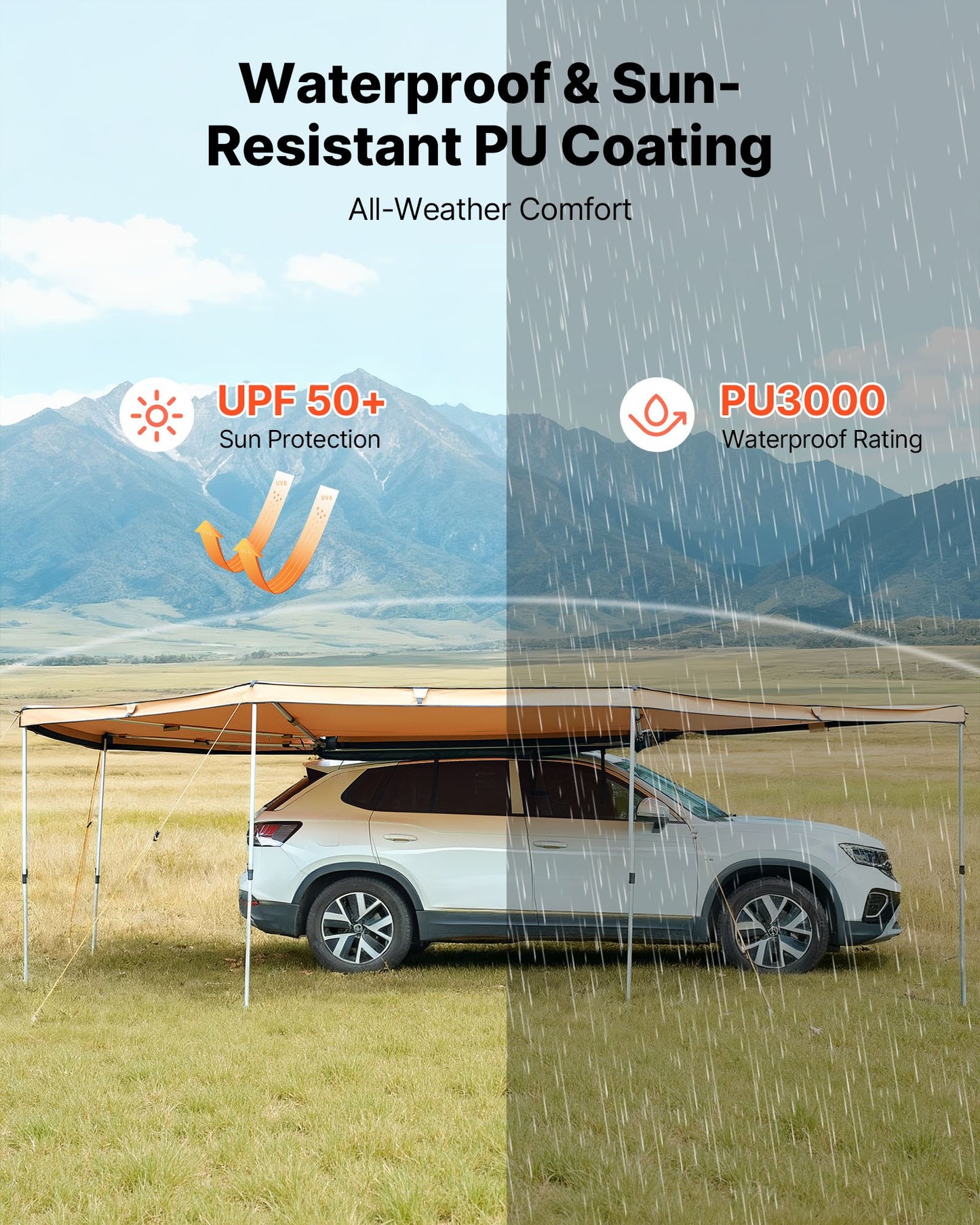 270 Degree Awning, 133 sq.ft Driver Side Vehicle Awning, Waterproof UV50+ Car Side Awnings with Carry Bag, All-Weather Free-Standing Overland Awnings Car Shelter for SUV Van Truck Camping