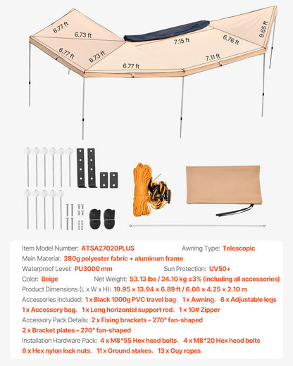 270 Degree Awning, 133 sq.ft Driver Side Vehicle Awning, Waterproof UV50+ Car Side Awnings with Carry Bag, All-Weather Free-Standing Overland Awnings Car Shelter for SUV Van Truck Camping