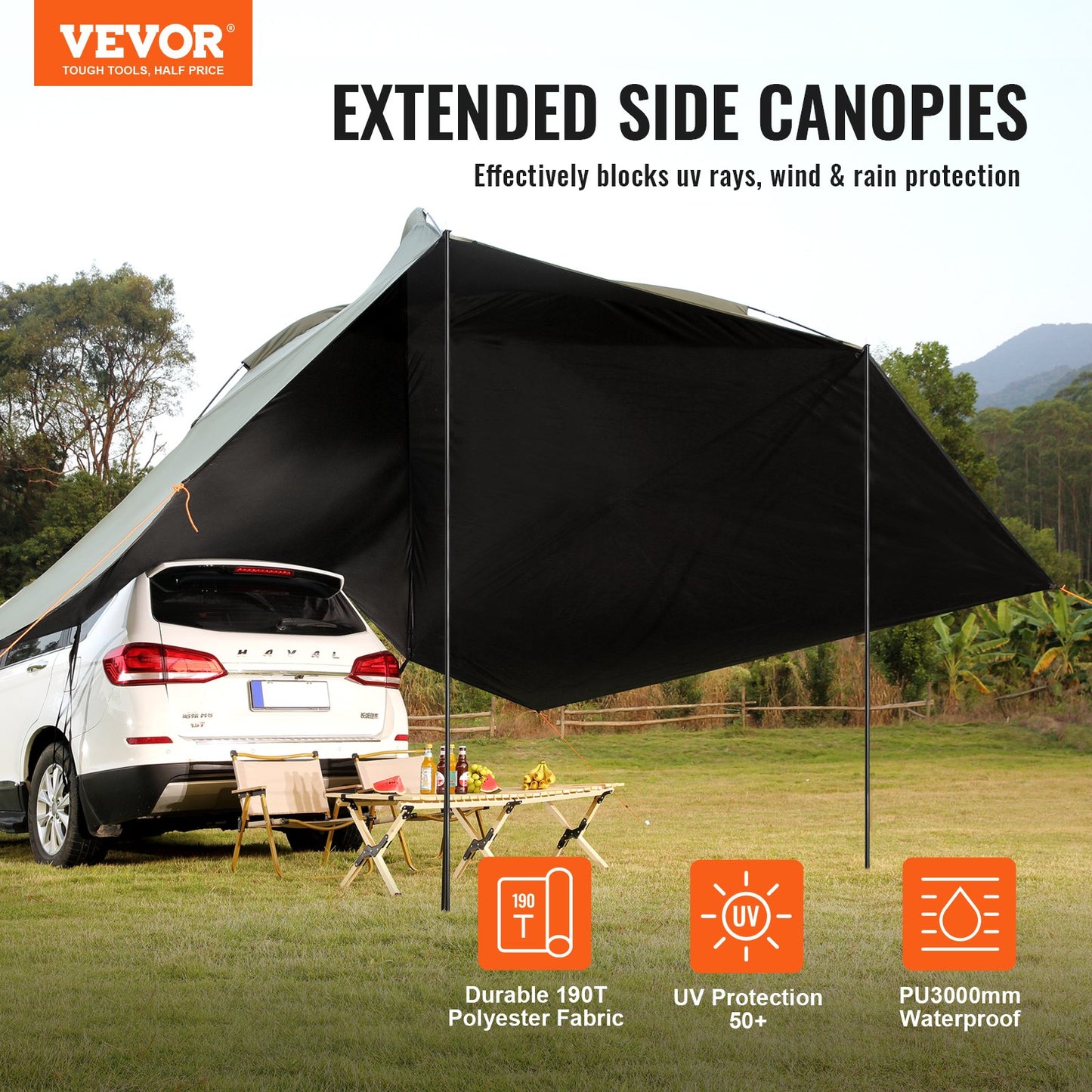 Vehicle Awning, Large 10' x 7' Screen Covering Car Side Awning, PU2000mm UV50+ Car Awning with Extended Side Canopies and Portable Storage Bag, Suitable for Truck, SUV, Van, RV