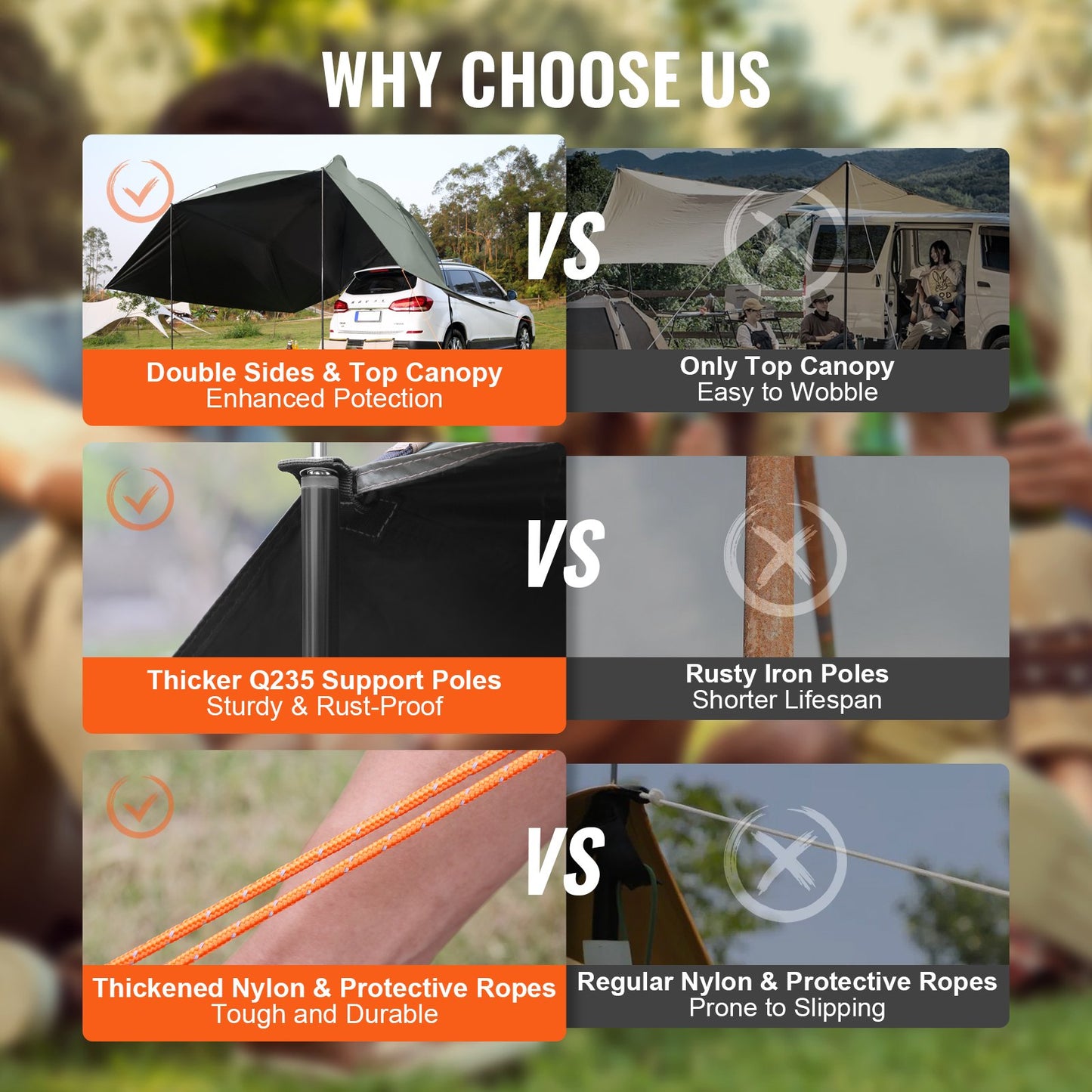 Vehicle Awning, Large 10' x 7' Screen Covering Car Side Awning, PU2000mm UV50+ Car Awning with Extended Side Canopies and Portable Storage Bag, Suitable for Truck, SUV, Van, RV