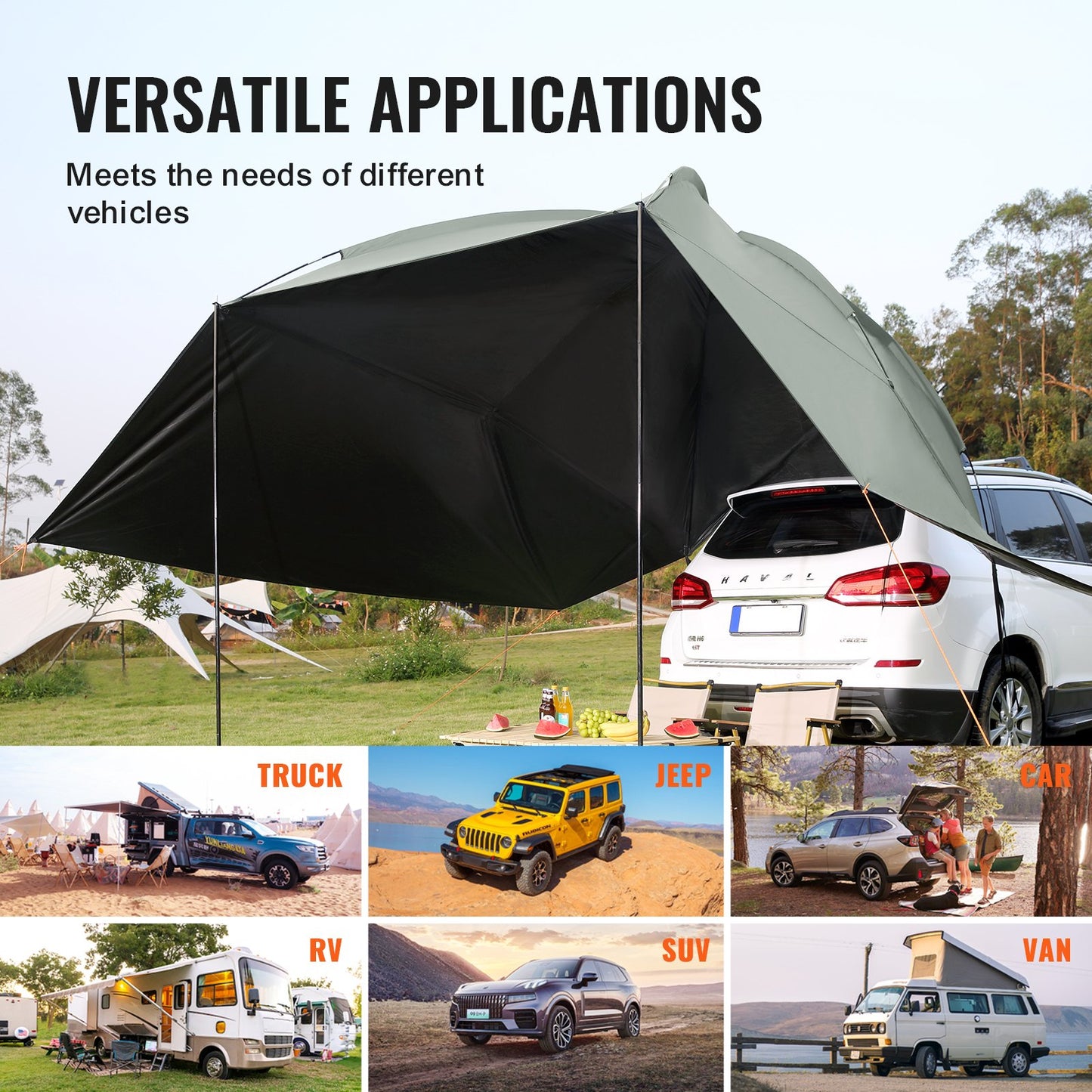 Vehicle Awning, Large 10' x 7' Screen Covering Car Side Awning, PU2000mm UV50+ Car Awning with Extended Side Canopies and Portable Storage Bag, Suitable for Truck, SUV, Van, RV