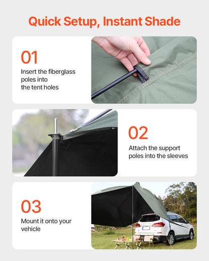 Vehicle Awning, Large 10' x 7' Shade Coverage Car Side Awning, PU2000mm UV50+ Car Awning with Extended Side Canopies and Portable Storage Bag, Suitable for Truck, SUV, Van, Campers