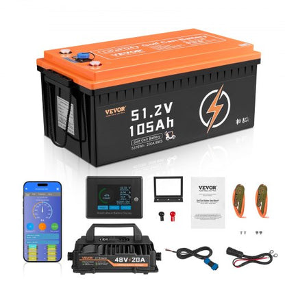 48V 105Ah Golf Cart Lithium Battery, 48 Volt Golf Cart Battery with 200A BMS, LCD Monitor and Mobile APP, LiFePO4 Battery with 600A Peak Current, 20A Charger and 4000+ Cycles, for Golf Carts