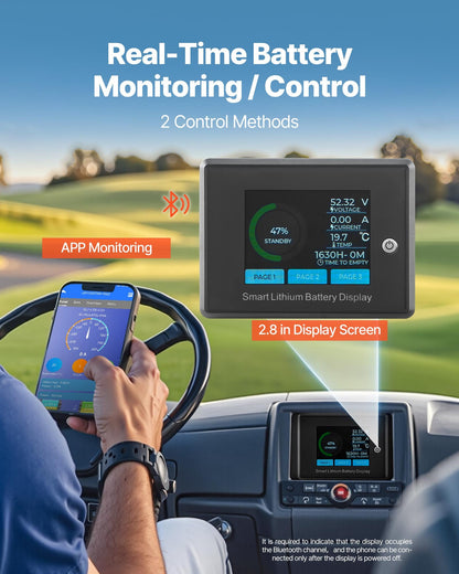 48V 105Ah Golf Cart Lithium Battery, 48 Volt Golf Cart Battery with 200A BMS, LCD Monitor and Mobile APP, LiFePO4 Battery with 600A Peak Current, 20A Charger and 4000+ Cycles, for Golf Carts