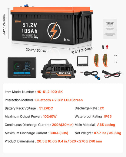 48V 105Ah Golf Cart Lithium Battery, 48 Volt Golf Cart Battery with 200A BMS, LCD Monitor and Mobile APP, LiFePO4 Battery with 600A Peak Current, 20A Charger and 4000+ Cycles, for Golf Carts