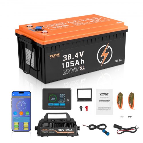 36V 105Ah Golf Cart Lithium Battery, 36 Volt Golf Cart Battery with 200A BMS, LCD Monitor and Mobile APP, LiFePO4 Battery with 600A Peak Current, 20A Charger and 4000+ Cycles, for Golf Carts