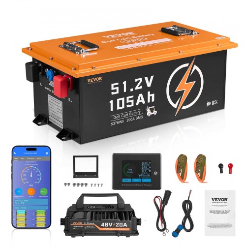 48V 105Ah Golf Cart Lithium Battery, 48 Volt Golf Cart Battery with 200A BMS, Touch Monitor and Mobile APP, LiFePO4 Battery with 600A Peak Current, 20A Charger and 4000+ Cycles, for Golf Carts