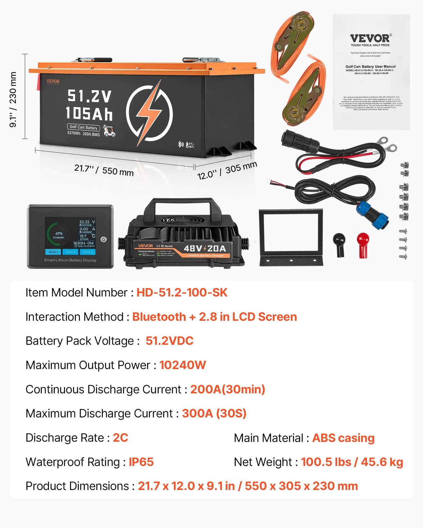 48V 105Ah Golf Cart Lithium Battery, 48 Volt Golf Cart Battery with 200A BMS, Touch Monitor and Mobile APP, LiFePO4 Battery with 600A Peak Current, 20A Charger and 4000+ Cycles, for Golf Carts