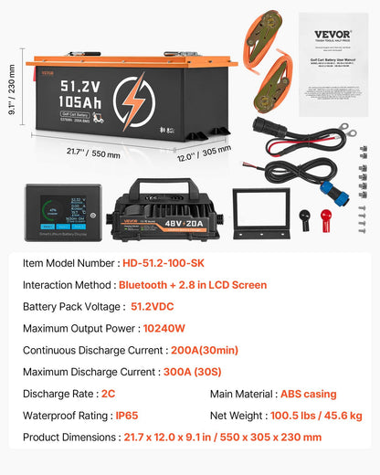 48V 105Ah Golf Cart Lithium Battery, 48 Volt Golf Cart Battery with 200A BMS, Touch Monitor and Mobile APP, LiFePO4 Battery with 600A Peak Current, 20A Charger and 4000+ Cycles, for Golf Carts