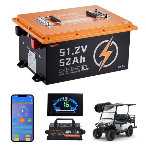 48V (51.2V) 52AH Lithium Golf Cart Battery, with 15A Charger, Lifepo4 Battery Kit, Built-in 100A BMS, with Bluetooth Mobile APP & Display Monitor, 4000 Cycles, for Golf Carts, Trolling Motors