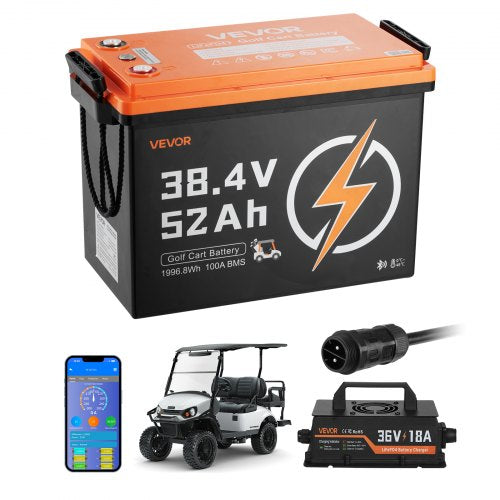36V (38.4V) 52AH Lithium Golf Cart Battery, with 18A Charger, Lifepo4 Battery Kit, Built-in 100A BMS, 4000 Cycles, 2C Discharge Rate, Bluetooth & Mobile APP, for Golf Carts, Trolling Motors