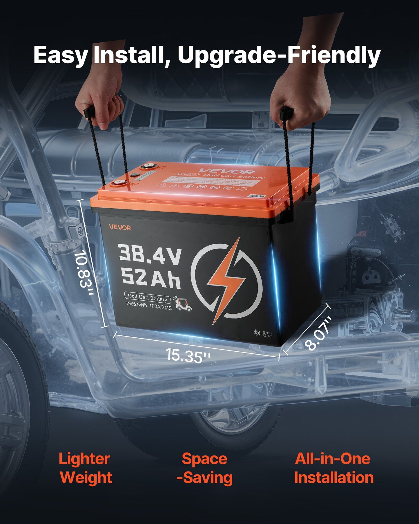 36V (38.4V) 52AH Lithium Golf Cart Battery, with 18A Charger, Lifepo4 Battery Kit, Built-in 100A BMS, 4000 Cycles, 2C Discharge Rate, Bluetooth & Mobile APP, for Golf Carts, Trolling Motors
