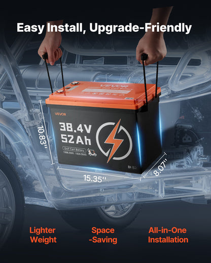 36V (38.4V) 52AH Lithium Golf Cart Battery, with 18A Charger, Lifepo4 Battery Kit, Built-in 100A BMS, 4000 Cycles, 2C Discharge Rate, Bluetooth & Mobile APP, for Golf Carts, Trolling Motors
