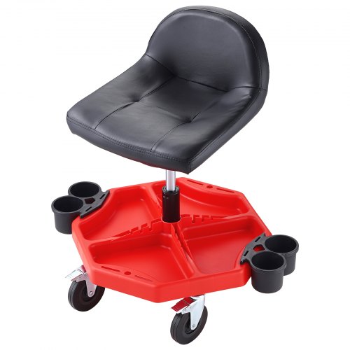 Rolling Garage Stool, Adjustable Height, 17 x 15 in Comfort Cushion,Round Shop Stool with Parts Tray,All-Terrain 5" Casters with Two Brakes Mechanic Roller Seat