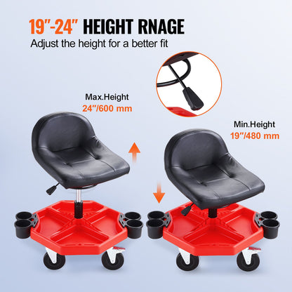 Rolling Garage Stool, Adjustable Height, 17 x 15 in Comfort Cushion,Round Shop Stool with Parts Tray,All-Terrain 5" Casters with Two Brakes Mechanic Roller Seat