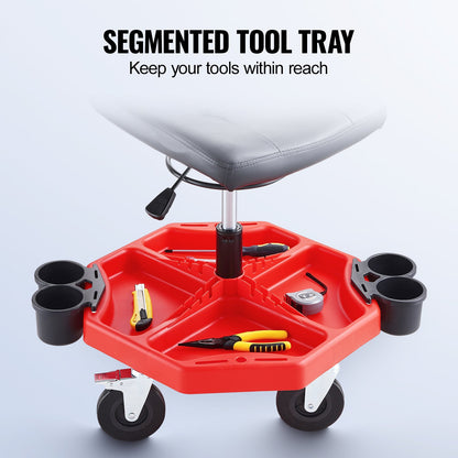 Rolling Garage Stool, Adjustable Height, 17 x 15 in Comfort Cushion,Round Shop Stool with Parts Tray,All-Terrain 5" Casters with Two Brakes Mechanic Roller Seat