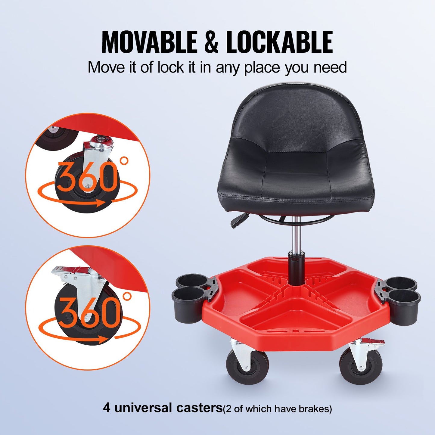 Rolling Garage Stool, Adjustable Height, 17 x 15 in Comfort Cushion,Round Shop Stool with Parts Tray,All-Terrain 5" Casters with Two Brakes Mechanic Roller Seat