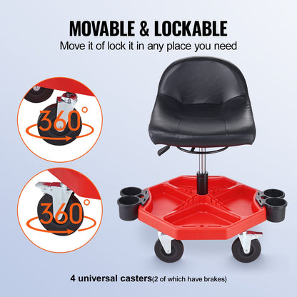 Rolling Garage Stool, Adjustable Height, 17 x 15 in Comfort Cushion,Round Shop Stool with Parts Tray,All-Terrain 5" Casters with Two Brakes Mechanic Roller Seat