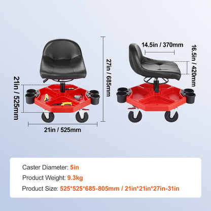 Rolling Garage Stool, Adjustable Height, 17 x 15 in Comfort Cushion,Round Shop Stool with Parts Tray,All-Terrain 5" Casters with Two Brakes Mechanic Roller Seat