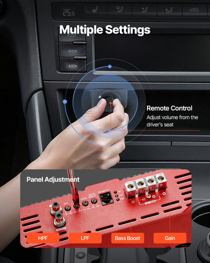 Monoblock Car Amplifier, 3000W RMS MAX, 1/2/4 Ohm Stable, 1-Channel Class D Car Audio Amplifier with Remote Subwoofer Level Control, Low Pass Filter and Bass Boost, Volume Controller Included