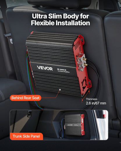 Monoblock Car Amplifier, 3000W RMS MAX, 1/2/4 Ohm Stable, 1-Channel Class D Car Audio Amplifier with Remote Subwoofer Level Control, Low Pass Filter and Bass Boost, Volume Controller Included