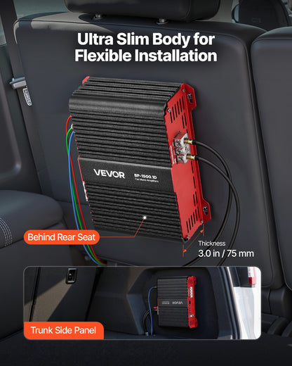 Monoblock Car Amplifier, 1500W RMS MAX, 1/2/4 Ohm Stable, 1-Channel Class D Car Audio Amplifier with Remote Subwoofer Level Control, Low Pass Filter and Bass Boost, Volume Controller Included