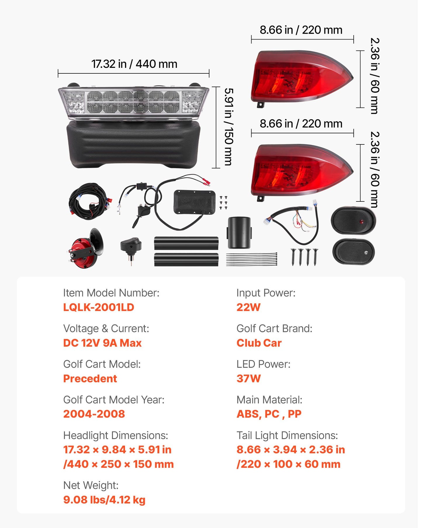 Golf Cart Light Kit, 12V, Street Legal LED Headlight and Taillight Kit with Wiring Harness, Turn Signals, Hazard Light, Switch Horn, Brake Pad, ABS Housing, for Club Car Precedent 2004-2008