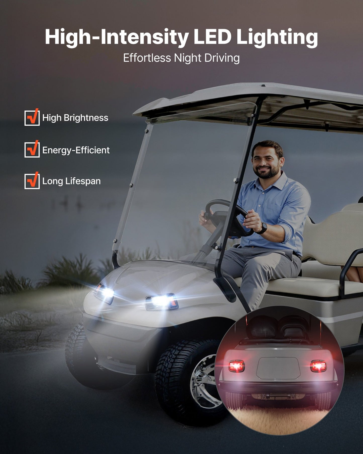 Golf Cart Light Kit, 12 Volt, Street Legal LED Headlight and Taillight Kit with Wiring Harness, Turn Signals, Hazard Light, Switch Horn, Brake Pad, Zip Ties, ABS Housing, for Club Car DS 1993-Up