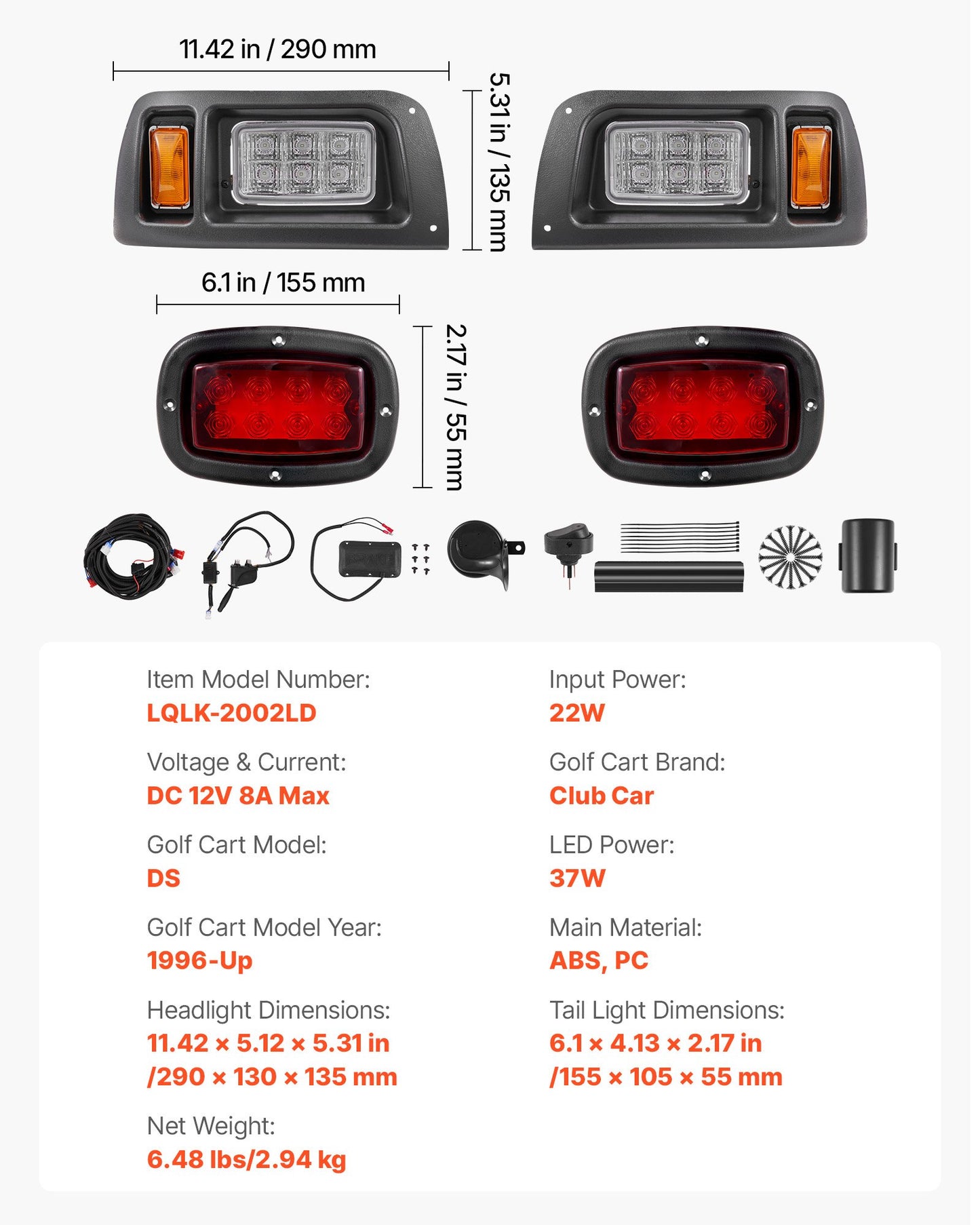 Golf Cart Light Kit, 12 Volt, Street Legal LED Headlight and Taillight Kit with Wiring Harness, Turn Signals, Hazard Light, Switch Horn, Brake Pad, Zip Ties, ABS Housing, for Club Car DS 1993-Up