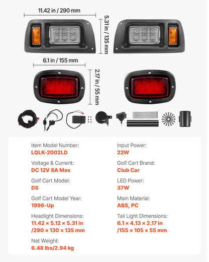 Golf Cart Light Kit, 12 Volt, Street Legal LED Headlight and Taillight Kit with Wiring Harness, Turn Signals, Hazard Light, Switch Horn, Brake Pad, Zip Ties, ABS Housing, for Club Car DS 1993-Up