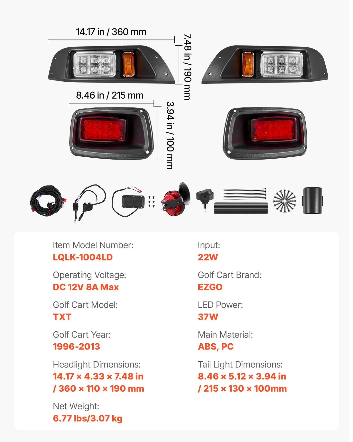 Golf Cart Light Kit, 12 Volt, Street Legal LED Headlight and Tail Light Kit with Wiring Harness, Turn Signals, Hazard Light, Switch Horn, Brake Pad, Zip Ties, ABS Housing, for EZGO TXT 1996-2013
