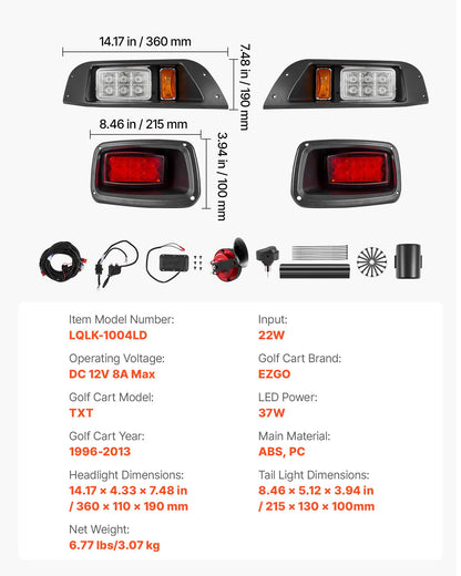 Golf Cart Light Kit, 12 Volt, Street Legal LED Headlight and Tail Light Kit with Wiring Harness, Turn Signals, Hazard Light, Switch Horn, Brake Pad, Zip Ties, ABS Housing, for EZGO TXT 1996-2013