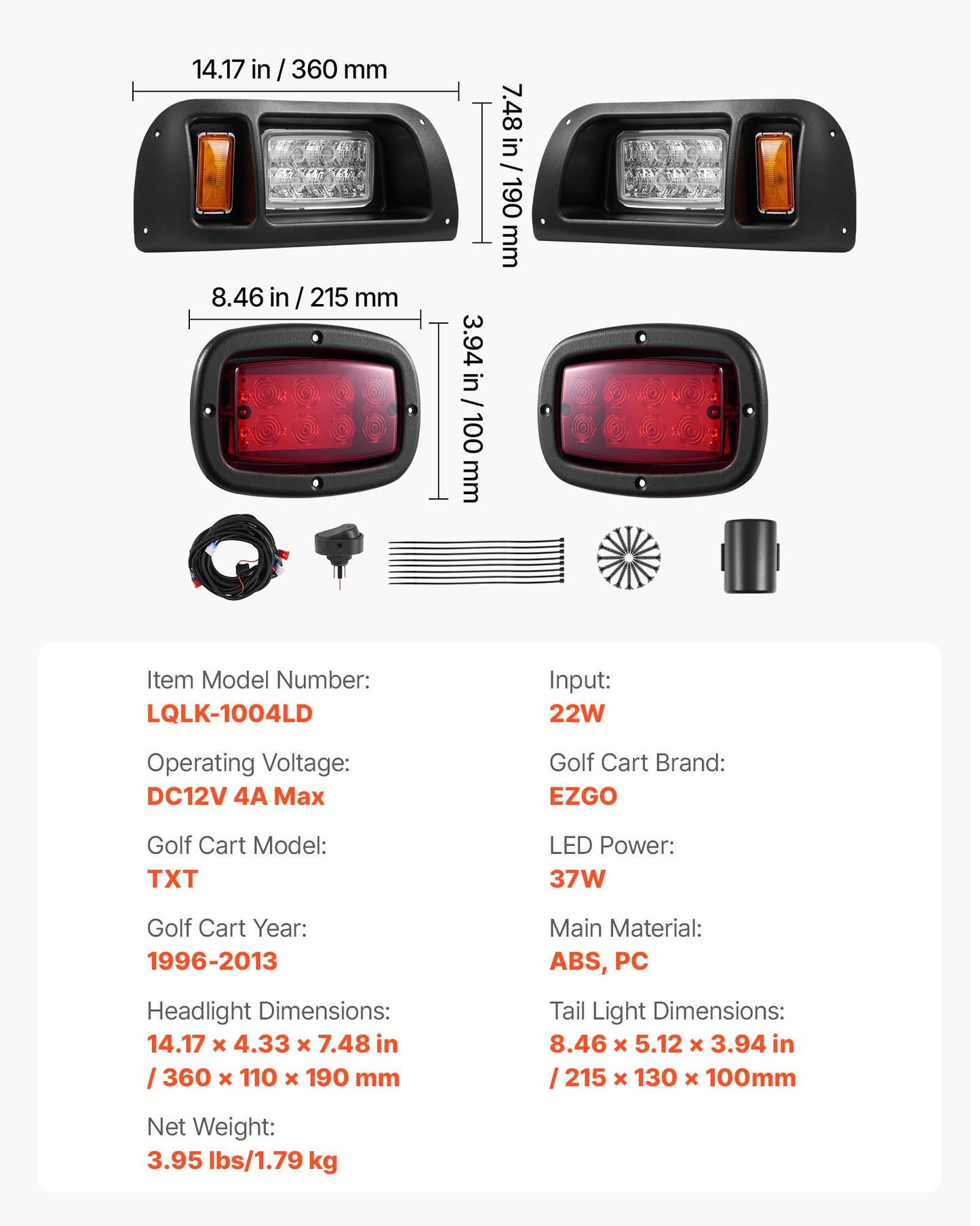 Golf Cart Light Kit, 12 Volt, LED Headlight and Tail Light Kit with Wiring Harness, Switch, Zip Ties, ABS Housing, High-Brightness, Waterproof and Dustproof, Fit for EZGO TXT 1996-2013 Models