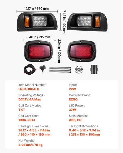 Golf Cart Light Kit, 12 Volt, LED Headlight and Tail Light Kit with Wiring Harness, Switch, Zip Ties, ABS Housing, High-Brightness, Waterproof and Dustproof, Fit for EZGO TXT 1996-2013 Models