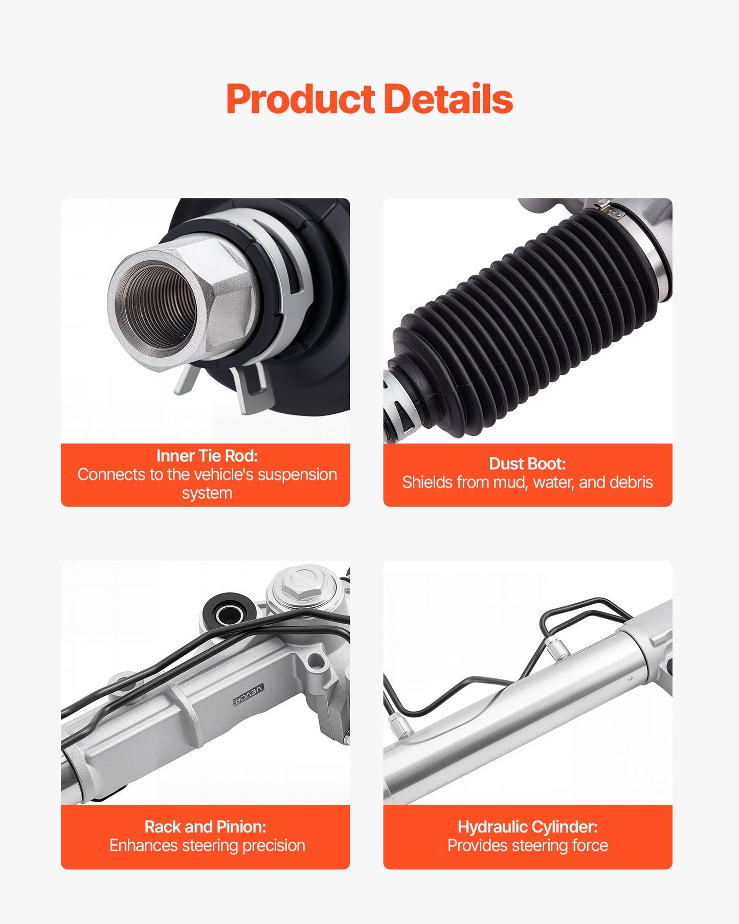 Hydraulic Power Steering Rack and Pinion, with Dust Boot, Compatible with 1996-2000 Toyota 4Runner L4 2.7L, 1996-2002 Toyota 4Runner V6 3.4L, 1998-2004 Toyota Tacoma L4 2.7L / V6 3.4L (RWD)