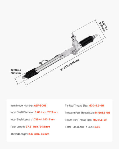 Hydraulic Power Steering Rack and Pinion, with Dust Boot, Compatible with 1996-2000 Toyota 4Runner L4 2.7L, 1996-2002 Toyota 4Runner V6 3.4L, 1998-2004 Toyota Tacoma L4 2.7L / V6 3.4L (RWD)