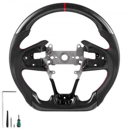 Steering Wheel for 2016-2021 Honda Civic, Carbon Fiber Steering Wheel D-Shaped Flat-Bottom, Leather Grip with Non-Slip Texture & Precise Stitching, Accessories Replacement for Honda Civic, Black