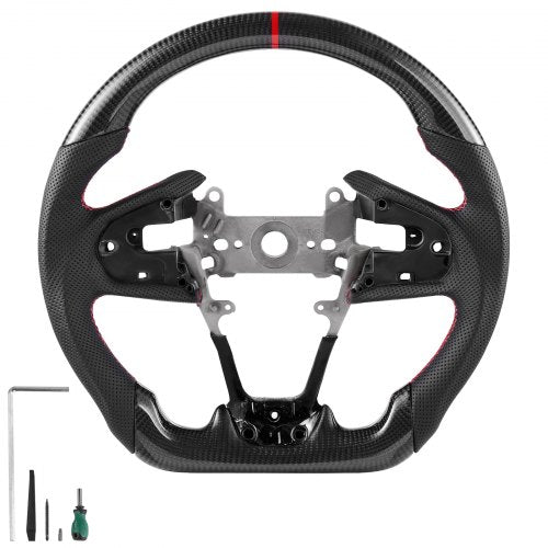 Steering Wheel for 2016-2021 Honda Civic, Carbon Fiber Steering Wheel D-Shaped Flat-Bottom, Leather Grip with Non-Slip Texture & Precise Stitching, Accessories Replacement for Honda Civic, Black