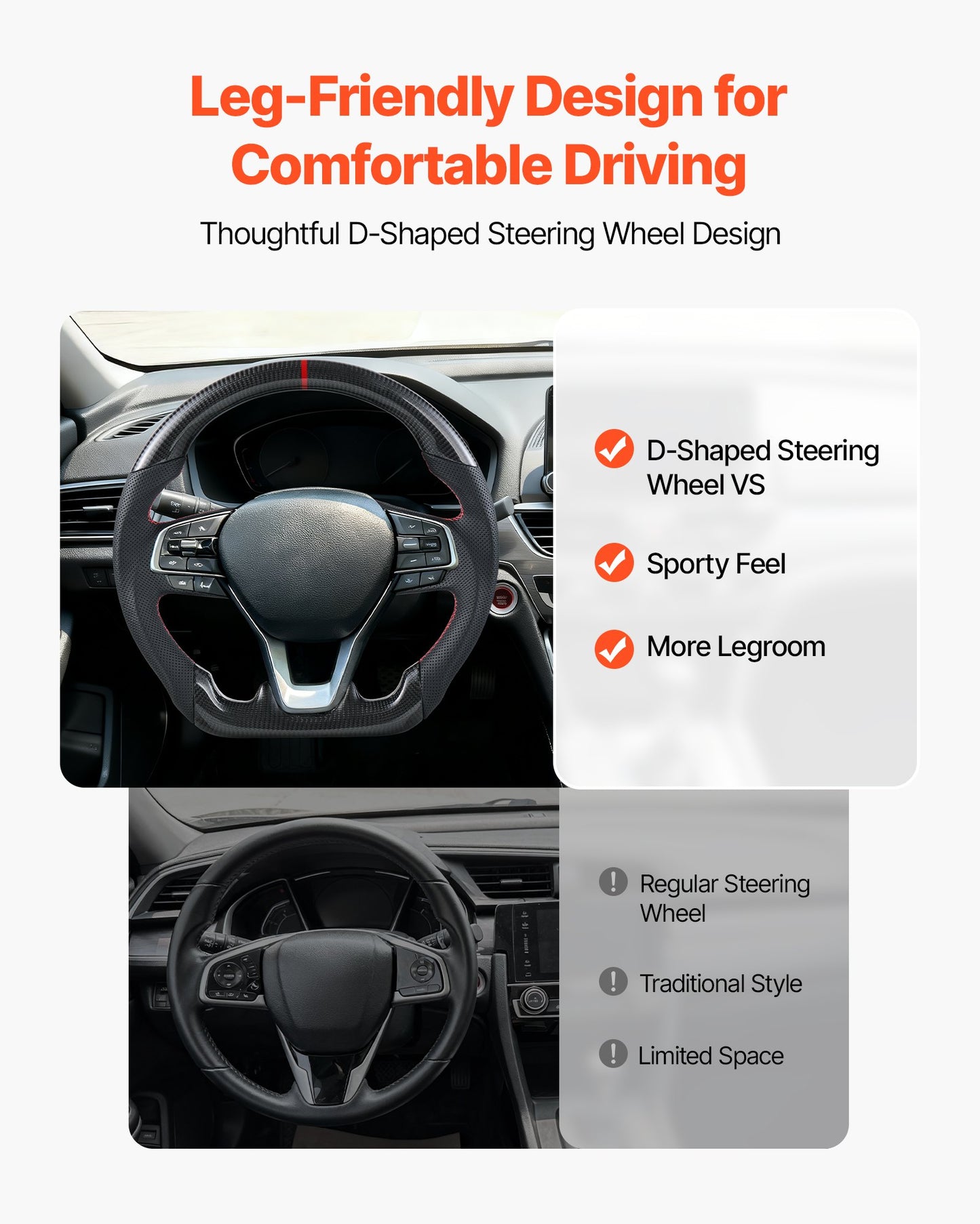 Steering Wheel for 2016-2021 Honda Civic, Carbon Fiber Steering Wheel D-Shaped Flat-Bottom, Leather Grip with Non-Slip Texture & Precise Stitching, Accessories Replacement for Honda Civic, Black