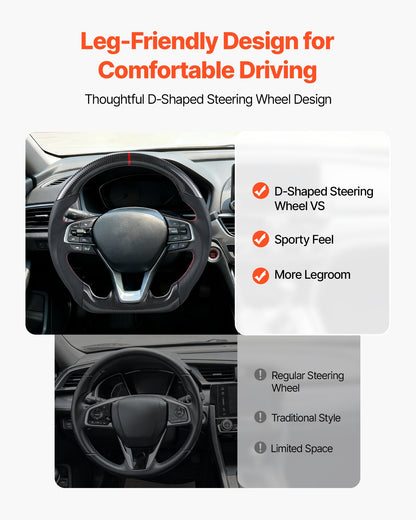 Steering Wheel for 2016-2021 Honda Civic, Carbon Fiber Steering Wheel D-Shaped Flat-Bottom, Leather Grip with Non-Slip Texture & Precise Stitching, Accessories Replacement for Honda Civic, Black