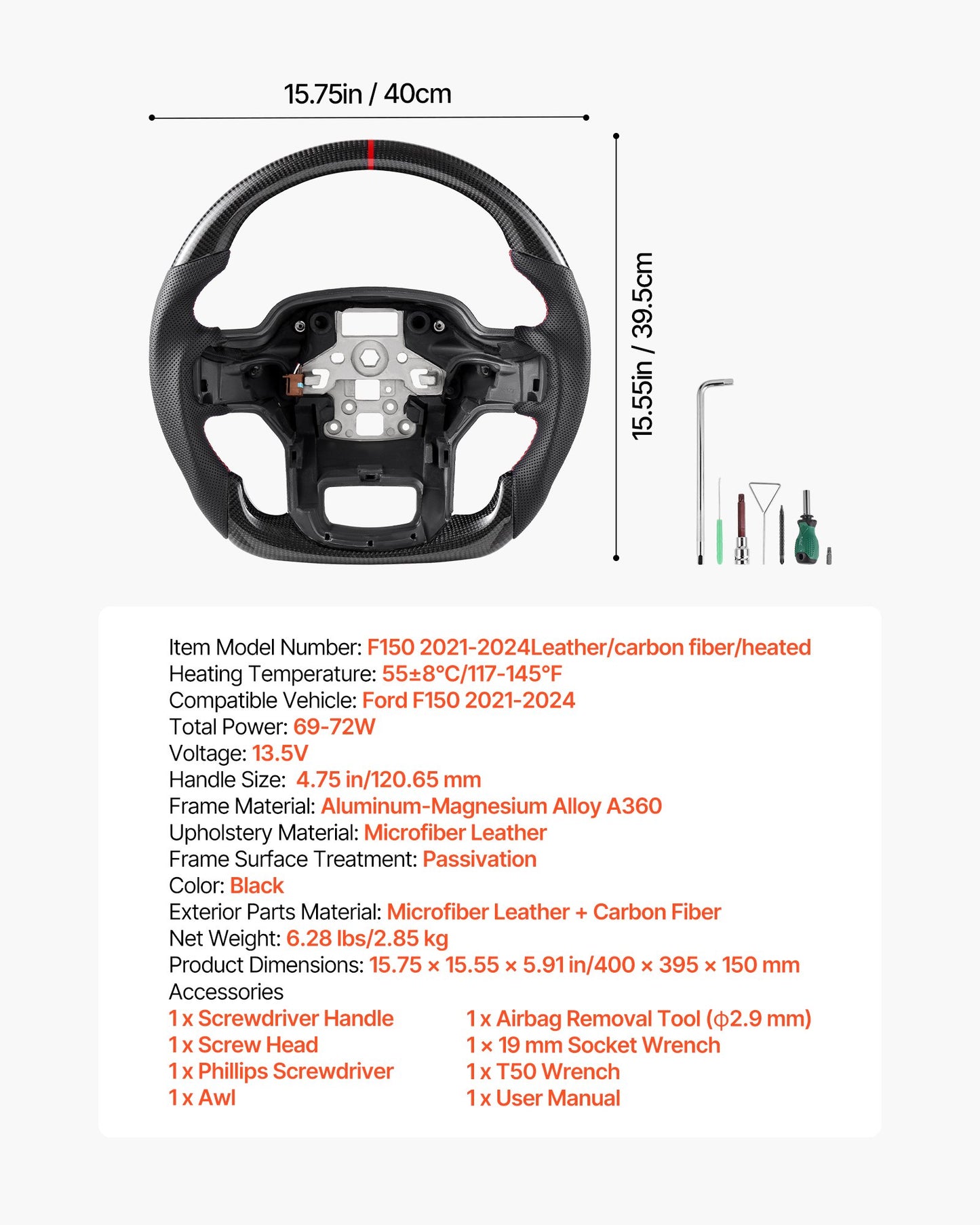 Steering Wheel for 2021-2024 Ford F150, Carbon Fiber Steering Wheel D-Shaped Flat-Bottom with Heating Function, Leather Grip with Non-Slip Texture, Accessories Replacement for Ford F150, Black
