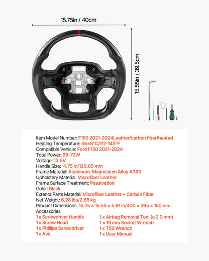 Steering Wheel for 2021-2024 Ford F150, Carbon Fiber Steering Wheel D-Shaped Flat-Bottom with Heating Function, Leather Grip with Non-Slip Texture, Accessories Replacement for Ford F150, Black