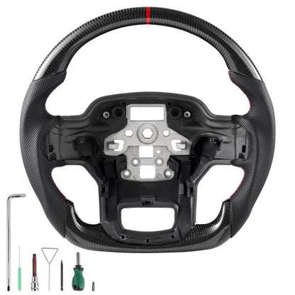Steering Wheel for 2021-2024 Ford F150, Carbon Fiber Steering Wheel D-Shaped Flat-Bottom, Leather Grip with Non-Slip Texture & Precise Stitching, Accessories Replacement for Ford F150, Black