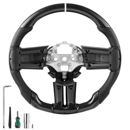 Steering Wheel for 2010-2014 Ford Mustang, Carbon Fiber Steering Wheel D-Shaped Flat-Bottom, Leather Grip with Non-Slip Texture & Precise Stitching, Accessories Replacement for Mustang, Black
